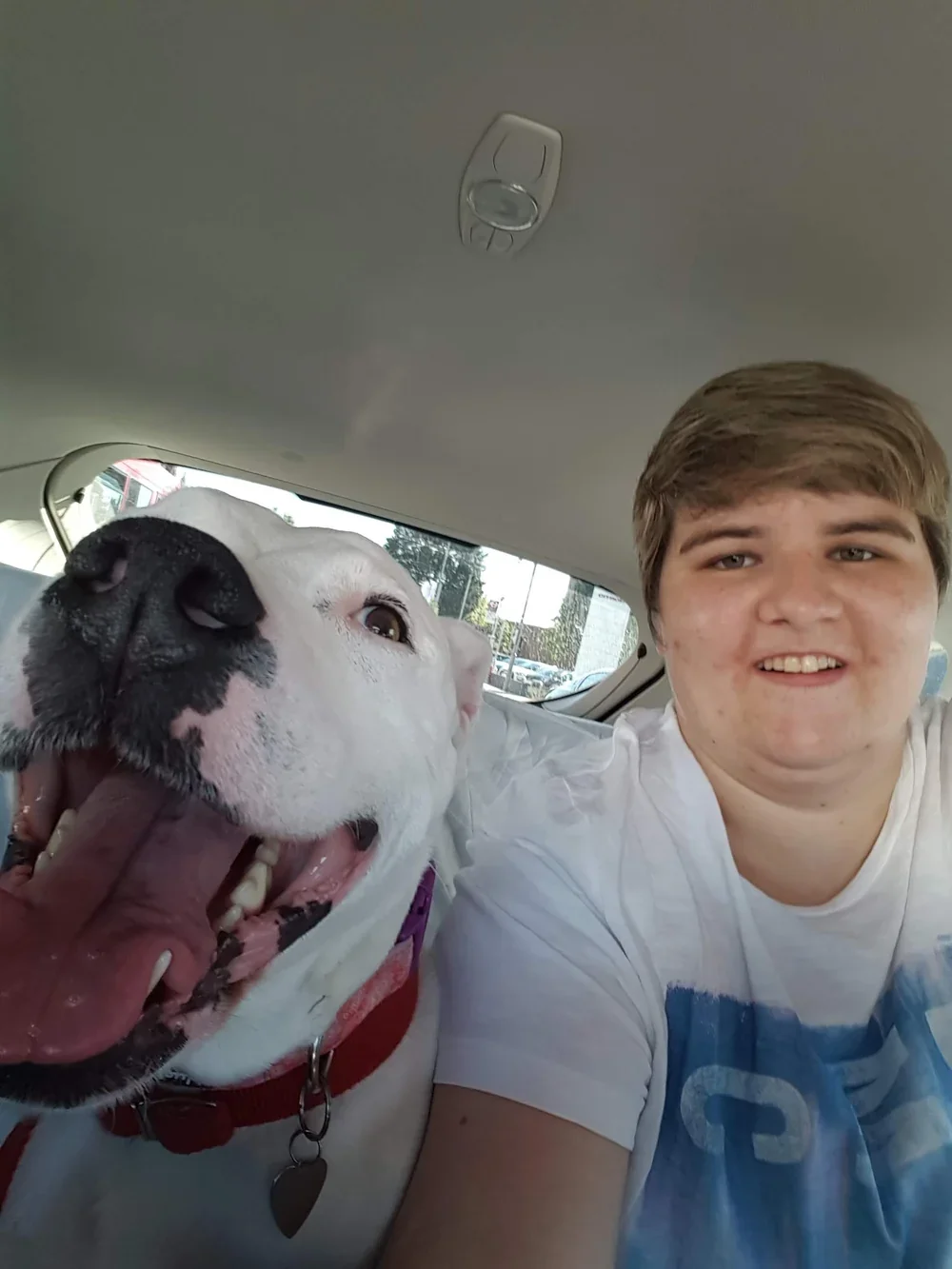 Alex Foley smiles in a car beside the family's white dog, who is panting happily.