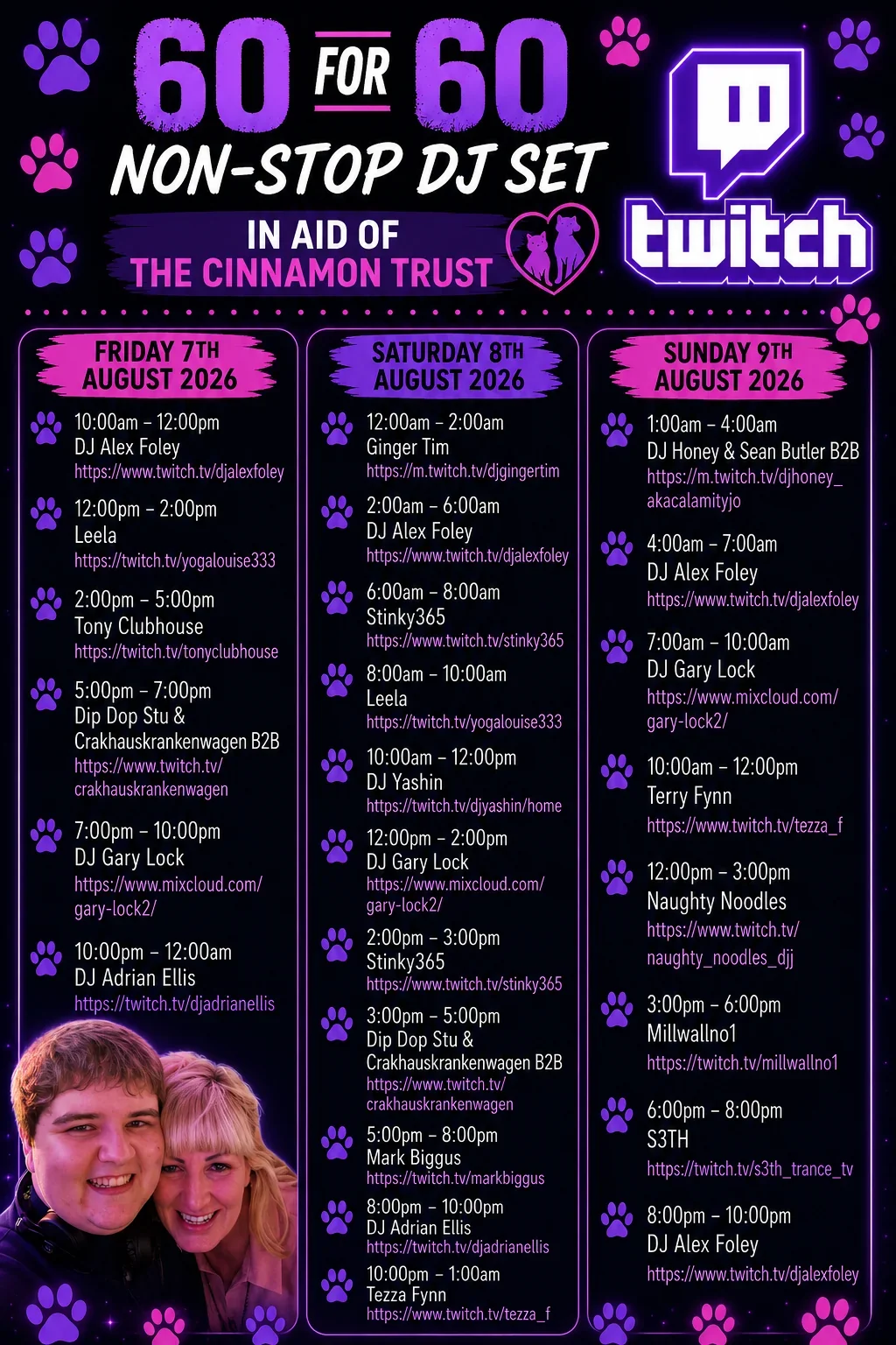 A poster listing the 60for60 non-stop DJ set line-up across Friday 7, Saturday 8 and Sunday 9 August 2026, with more than a dozen guest DJs and their Twitch handles.